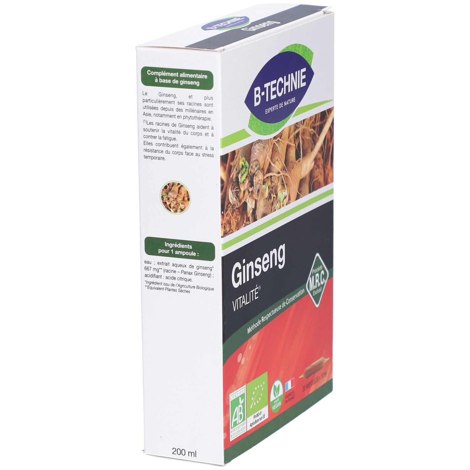 Vue latérale de la boîte B-TECHNIE Ginseng Vitalité. Informations et ingrédients. 200 ml.