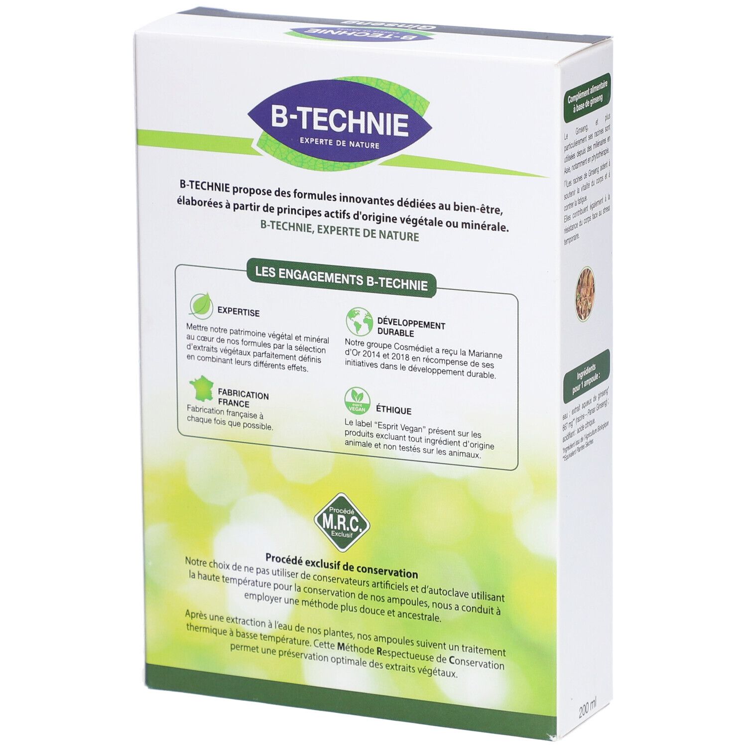 Dos de la boîte B-TECHNIE Ginseng Vitalité. Texte sur l'entreprise et certifications.