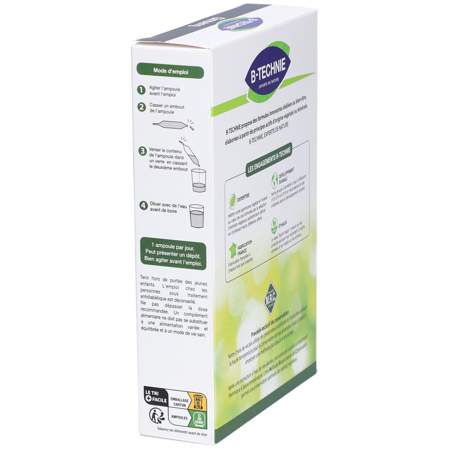 Côté de la boîte B-TECHNIE Ginseng Vitalité. Mode d'emploi et logos.