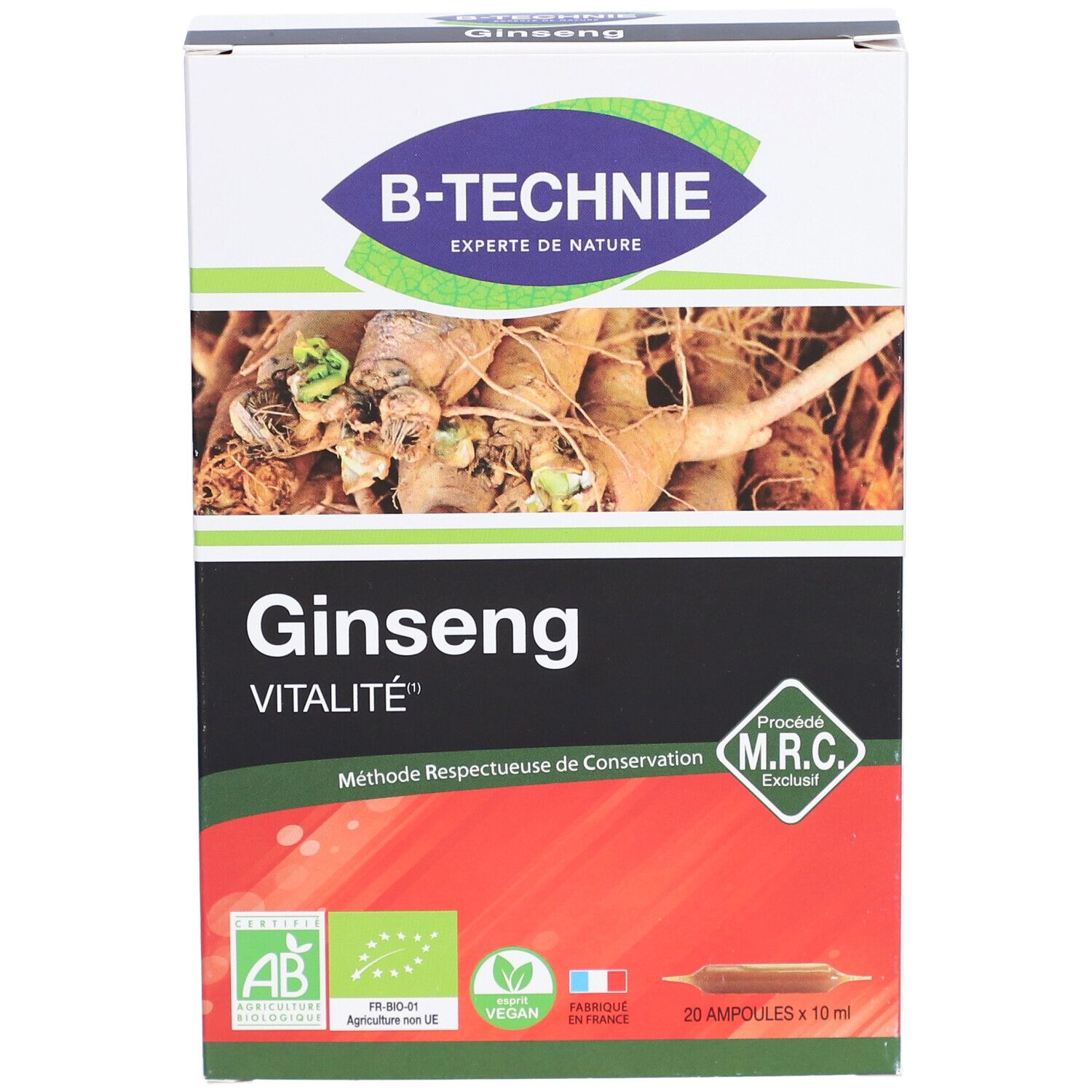 Vue de face de la boîte B-TECHNIE Ginseng Vitalité. Contient 20 ampoules. Labels AB Bio et Vegan.