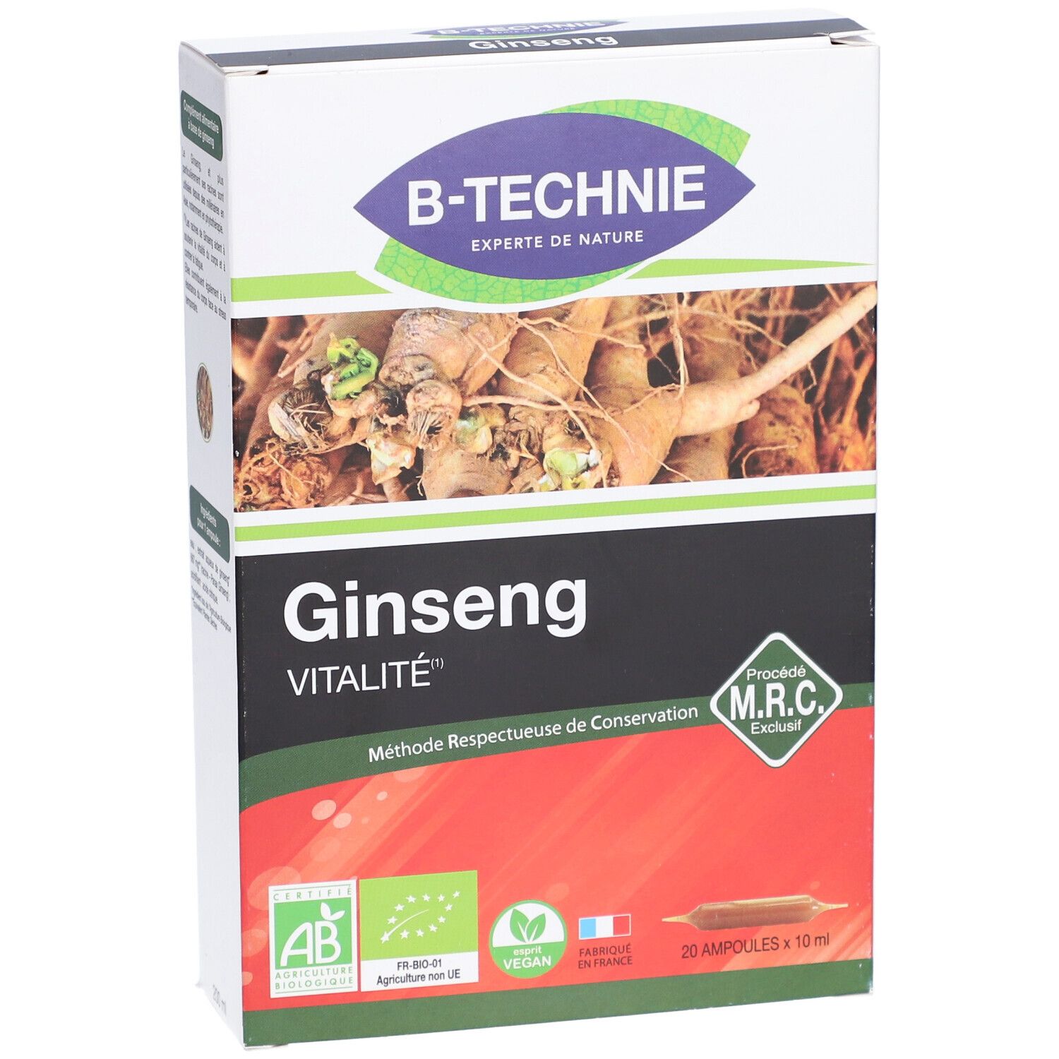 Vue de face de la boîte B-TECHNIE Ginseng Vitalité. Contient 20 ampoules. Labels AB Bio et Vegan.