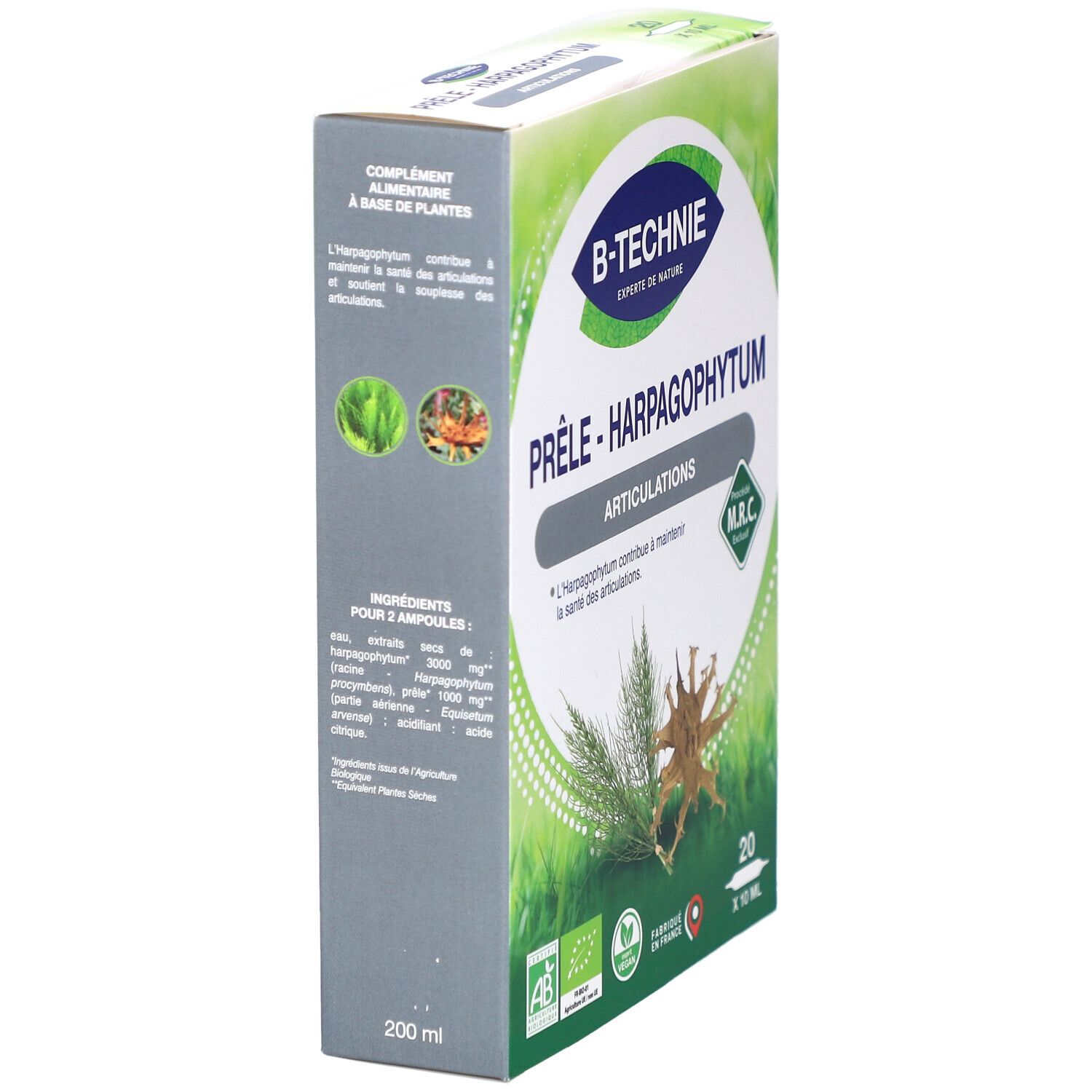 Vue latérale de la boîte BIOTECH BIO PRELE/HARPAG AMP20. Contient des informations sur les ingrédients et le volume: 200 ml.