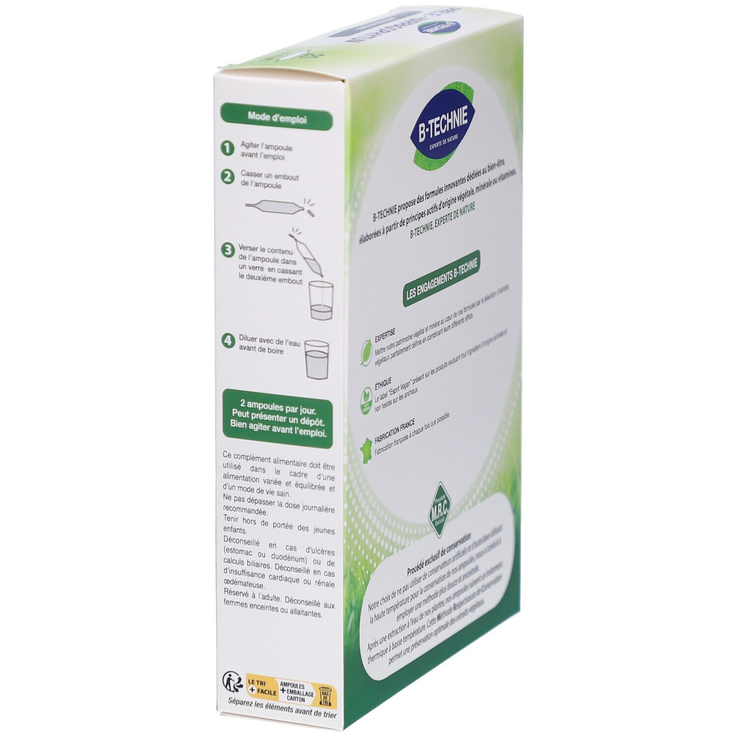 Côté de la boîte BIOTECH BIO PRELE/HARPAG AMP20. Instructions d'utilisation avec illustrations. Couleurs vertes et blanches.