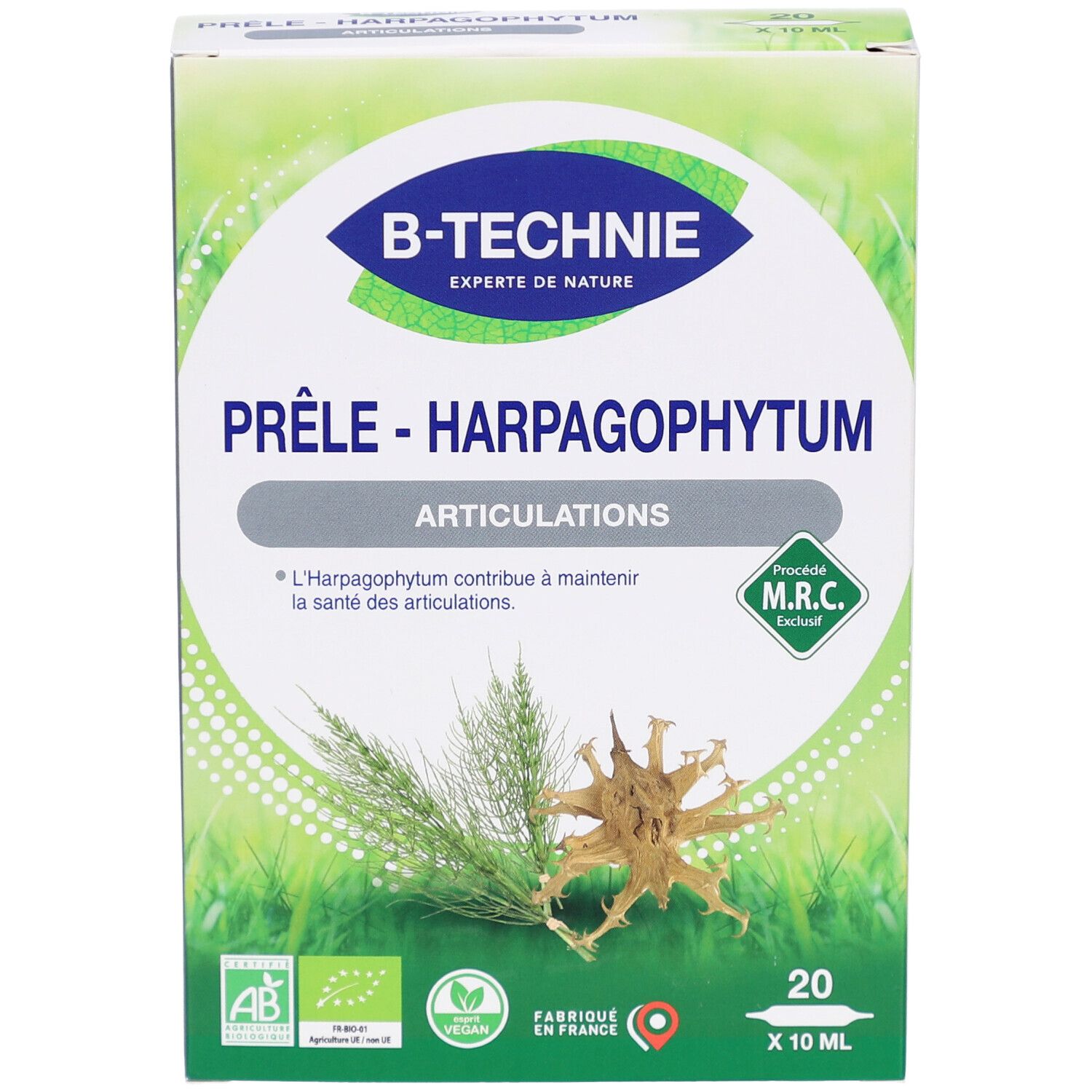 Vue de face de la boîte BIOTECH BIO PRELE/HARPAG AMP20. Nom du produit, logo et 20 ampoules. Couleurs vertes et blanches.