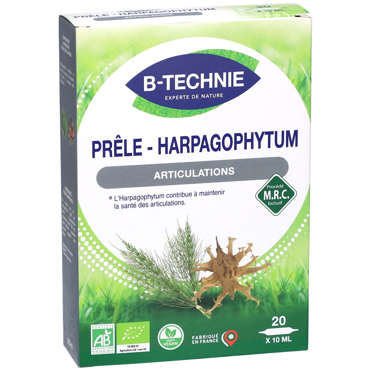 Vue de face de la boîte BIOTECH BIO PRELE/HARPAG AMP20. Nom du produit, logo et 20 ampoules. Couleurs vertes et blanches.