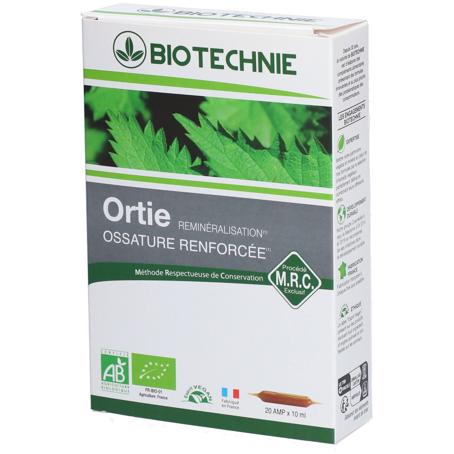 Boîte BIO TECHNIE Ortie. Inscriptions: Ortie, Ossature Renforcée, logo AB, logo Vegan, 20 ampoules.