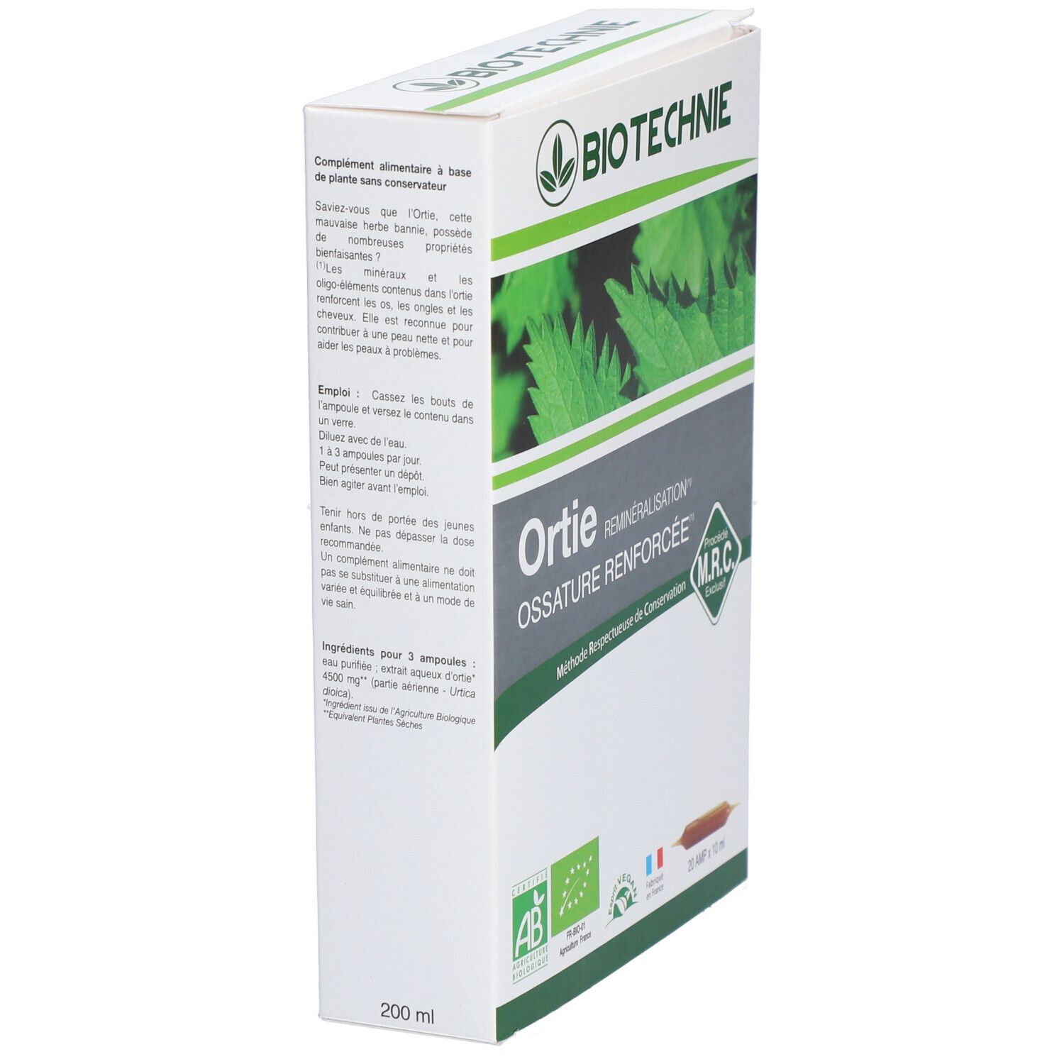 Boîte BIO TECHNIE Ortie. Inscriptions: Ortie, Ossature Renforcée, logo AB, logo Vegan, 20 ampoules.