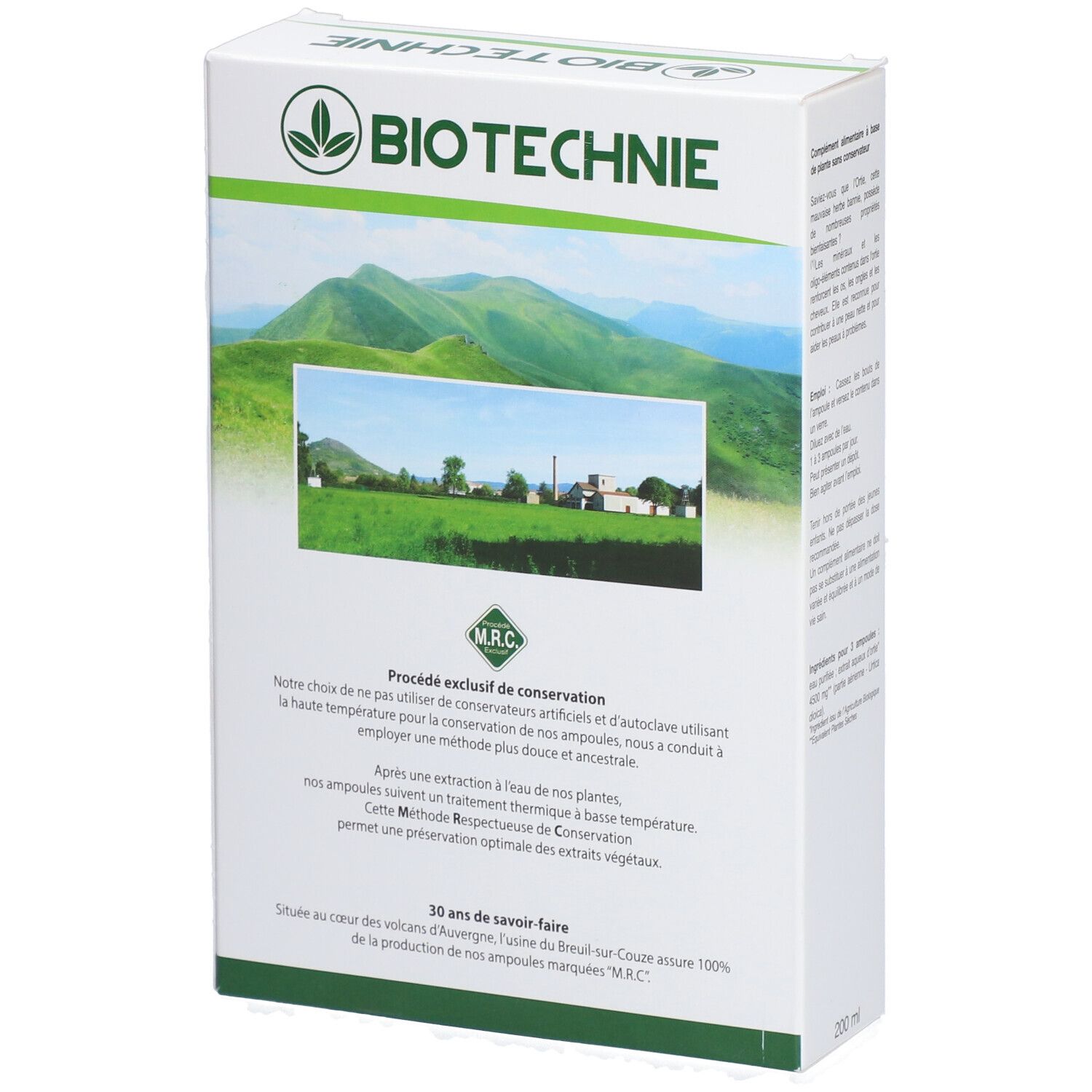 Boîte BIO TECHNIE. Arrière-plan avec texte et paysage. Inscriptions: M.R.C. Exclusif, 200 ml.