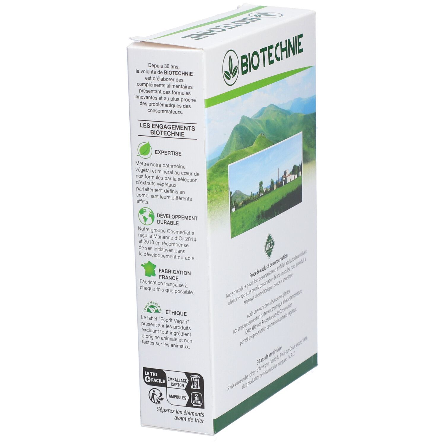 Boîte BIO TECHNIE. Vue latérale avec texte et paysage. Inscriptions: logo Vegan, Fabriqué en France.