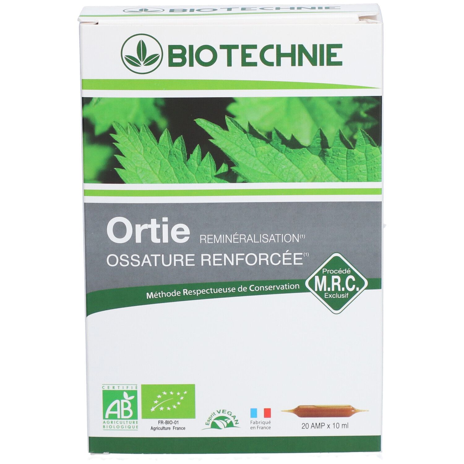 Boîte BIO TECHNIE Ortie. Inscriptions: Ortie, Ossature Renforcée, logo AB, logo Vegan, 20 ampoules.
