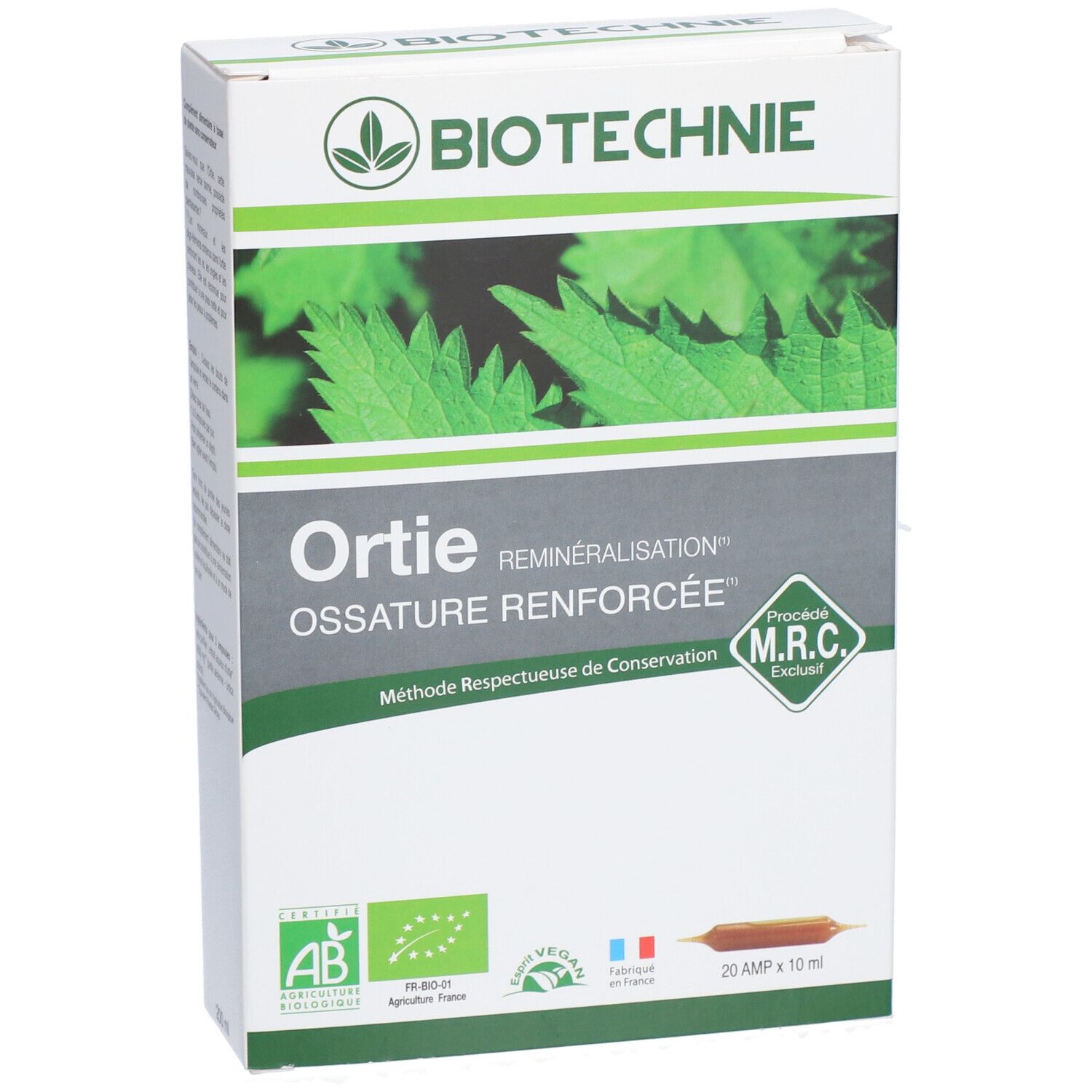 Boîte BIO TECHNIE Ortie. Inscriptions: Ortie, Ossature Renforcée, logo AB, logo Vegan, 20 ampoules.