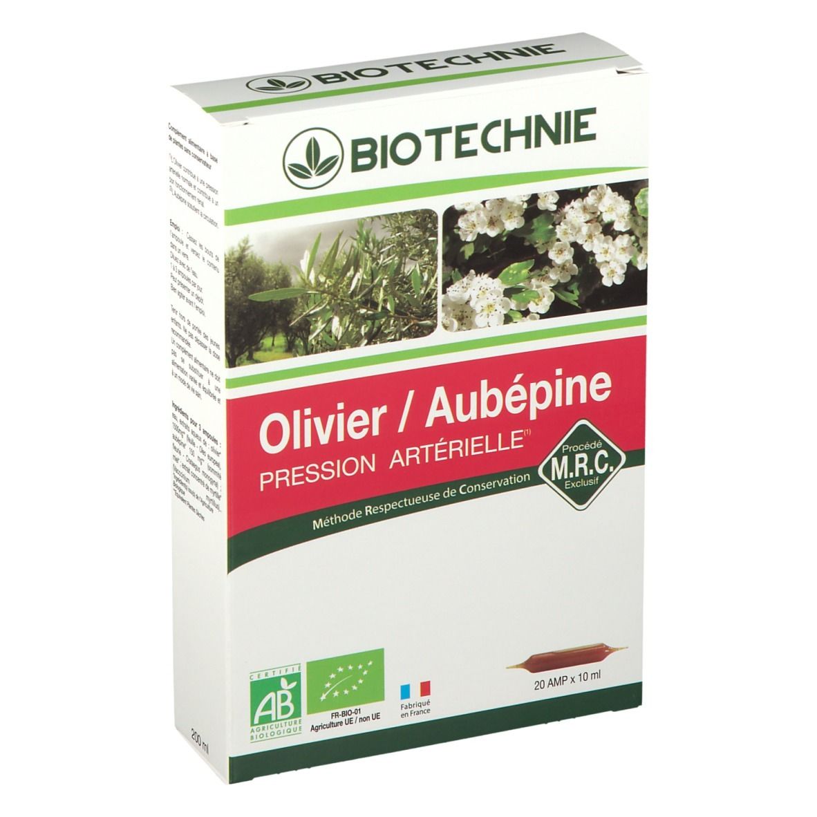 Boîte BIOTECHNIE avec images de produits. Inscription : Olivier / Aubépine, Pression Artérielle. Contient 20 ampoules.