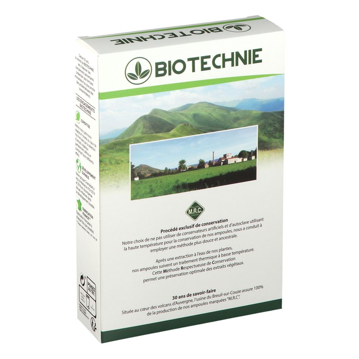 Boîte BIOTECHNIE, vue arrière. Paysage. Texte sur la méthode de conservation et les ingrédients. Avec logo.