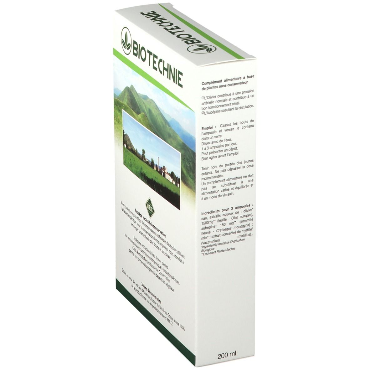 Boîte BIOTECHNIE, vue latérale. Texte sur les ingrédients et l'utilisation. Avec indication de volume : 200 ml.