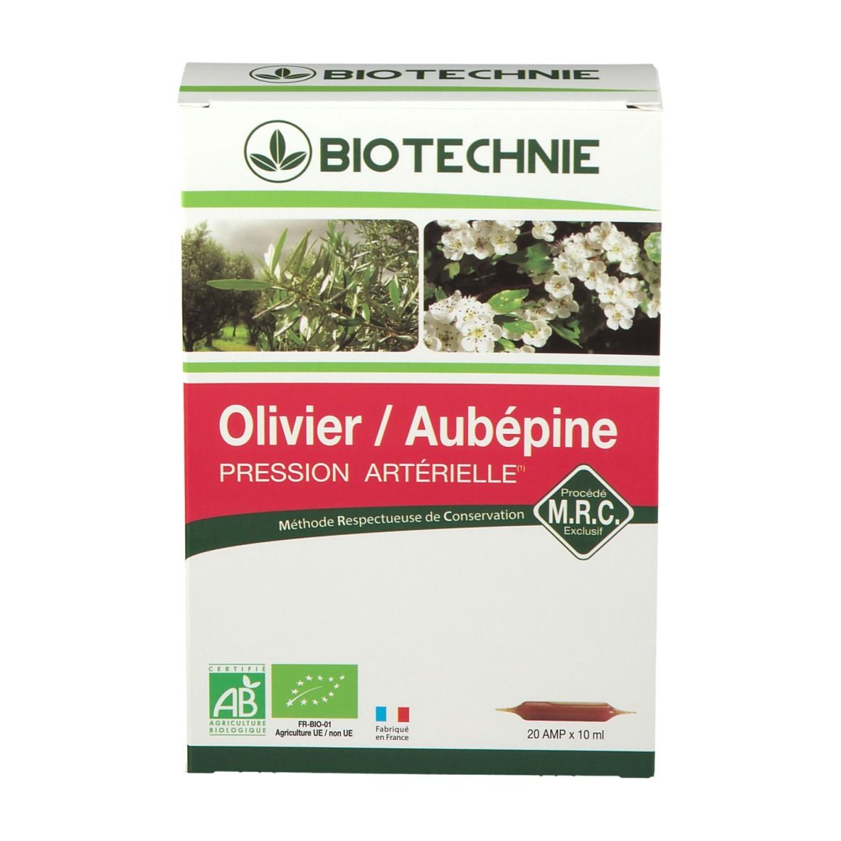 Boîte BIOTECHNIE avec images de produits. Inscription : Olivier / Aubépine, Pression Artérielle. Contient 20 ampoules.