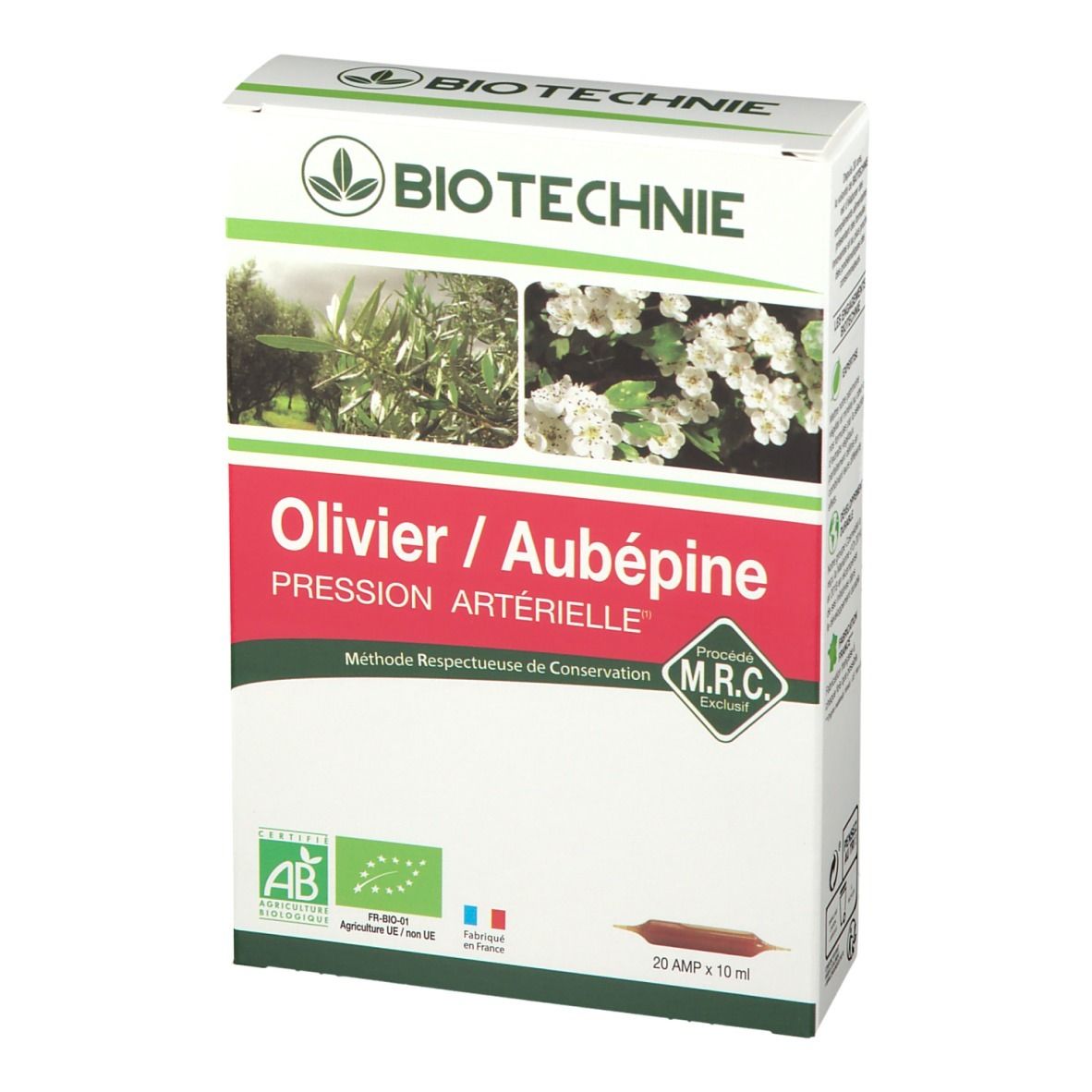 Boîte BIOTECHNIE avec images de produits. Inscription : Olivier / Aubépine, Pression Artérielle. Contient 20 ampoules.