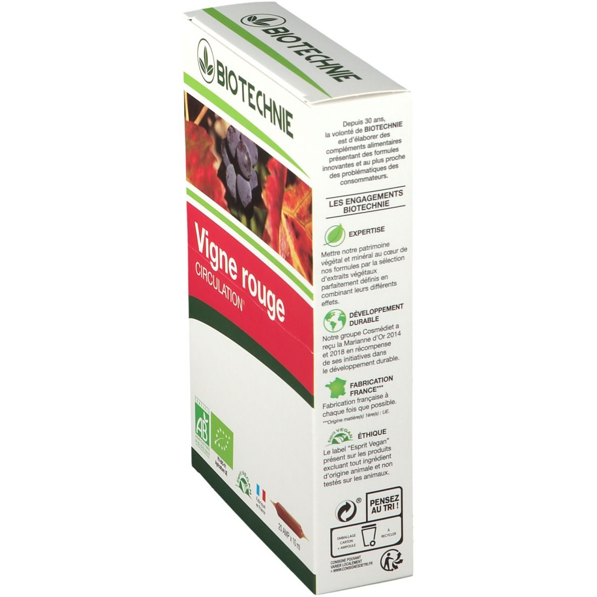 Boîte BIOTECHNIE. Inscription Vigne rouge Circulation. Texte et logos au dos. Contient 20 ampoules.