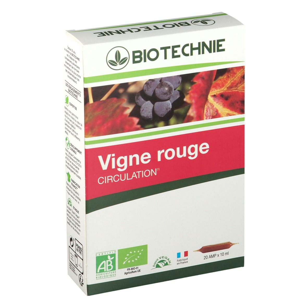 Boîte BIOTECHNIE. Inscription Vigne rouge Circulation. Labels AB Bio, Vegan et drapeau français. 20 ampoules.