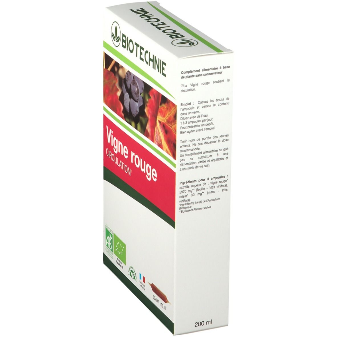 Boîte BIOTECHNIE. Inscription Vigne rouge Circulation. Texte au dos. Contient 20 ampoules.