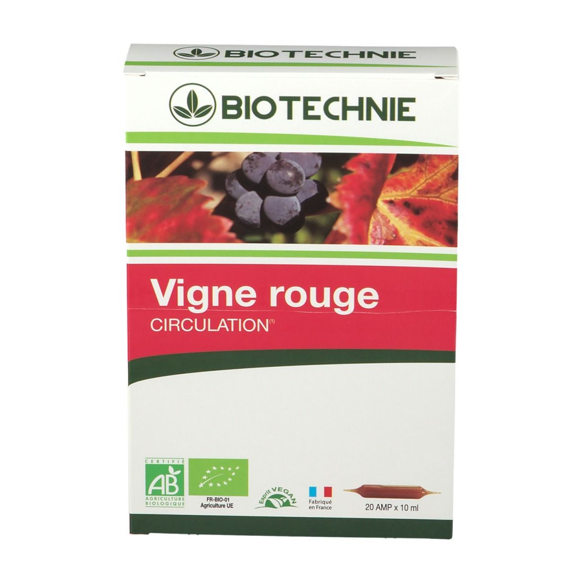 Boîte BIOTECHNIE. Inscription Vigne rouge Circulation. Labels AB Bio, Vegan et drapeau français. 20 ampoules.