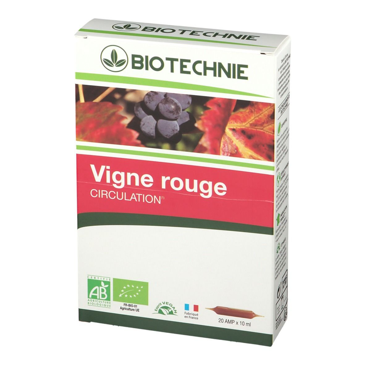 Boîte BIOTECHNIE. Inscription Vigne rouge Circulation. Labels AB Bio, Vegan et drapeau français. 20 ampoules.