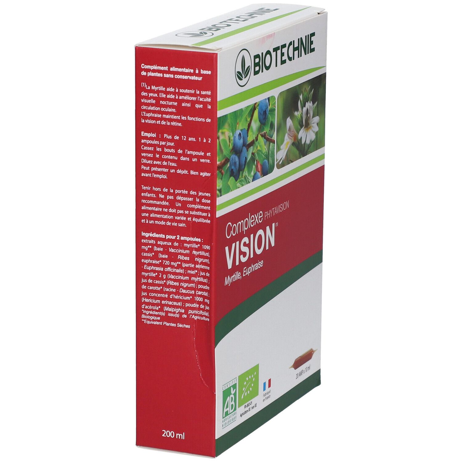 Boîte BIOTECHNIE Phytavision Vision. Texte et images de myrtilles et fleurs. 200 ml.