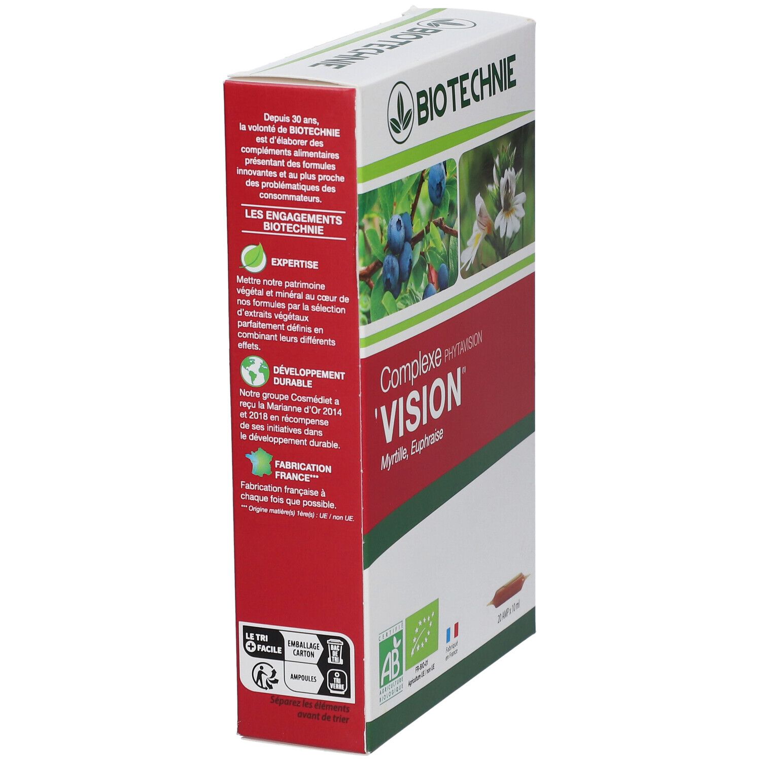 Boîte BIOTECHNIE Phytavision Vision. Myrtilles et fleurs illustrées. Texte en français. Drapeau français.