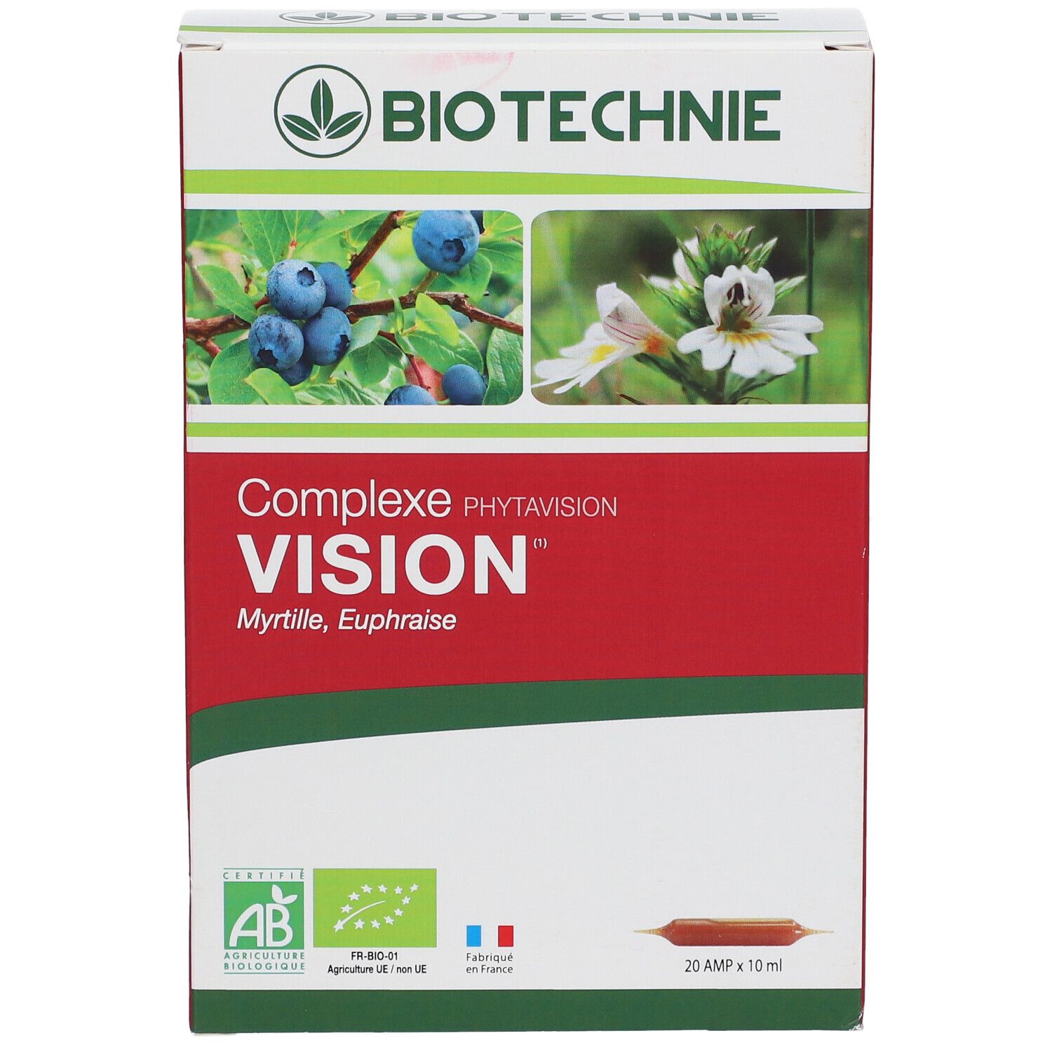 Boîte BIOTECHNIE Phytavision Vision. Myrtilles et fleurs illustrées. Contient 20 ampoules.