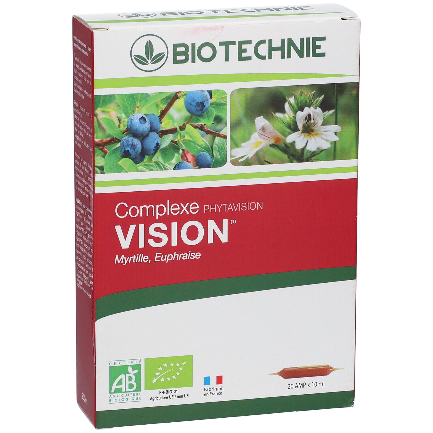 Boîte BIOTECHNIE Phytavision Vision. Myrtilles et fleurs illustrées. Contient 20 ampoules.