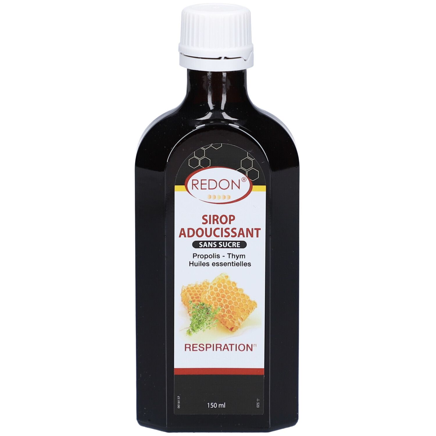 Flacon brun avec bouchon blanc. Étiquette avec nom du produit, ingrédients et marque REDON. Illustration de rayons de miel.