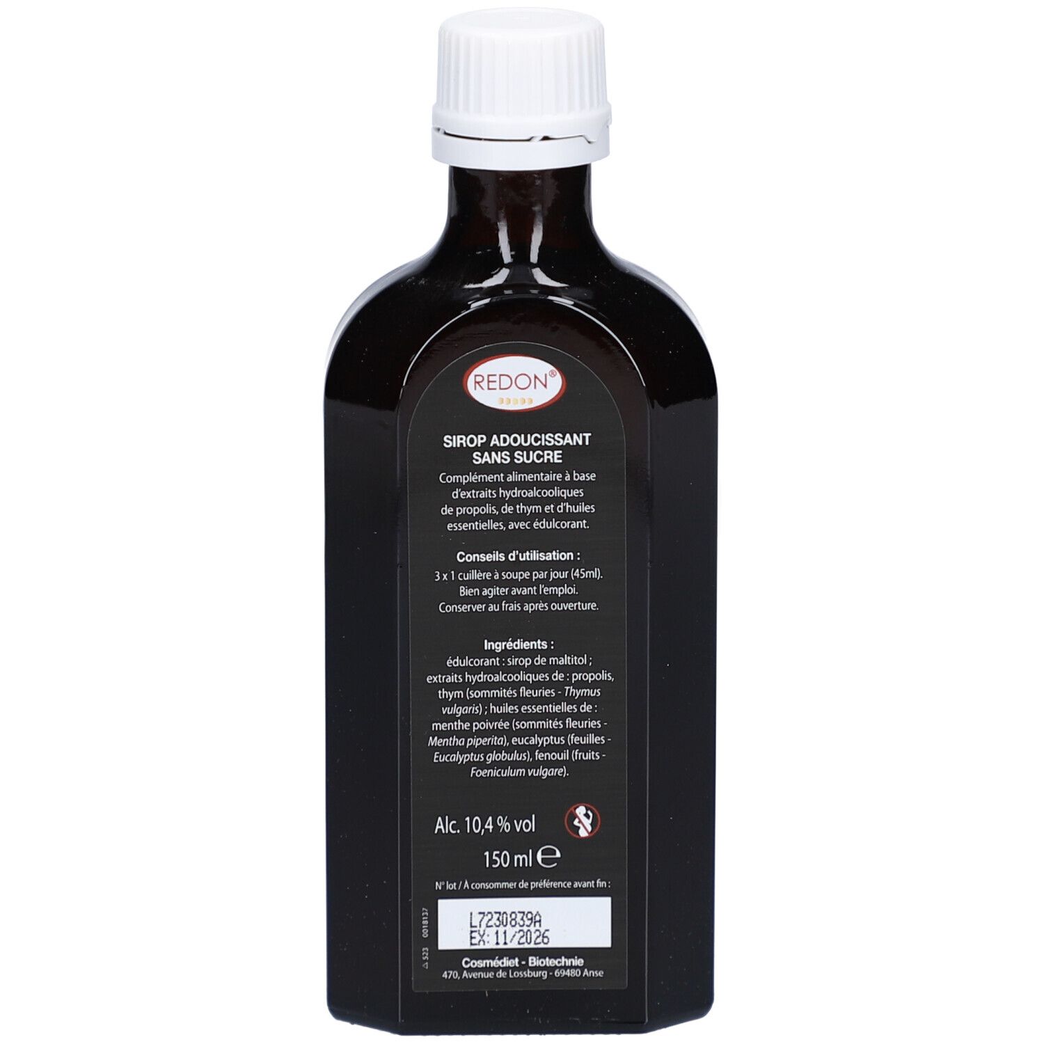 Dos du flacon. Étiquette avec informations produit, ingrédients, teneur en alcool et fabricant. Fond noir.