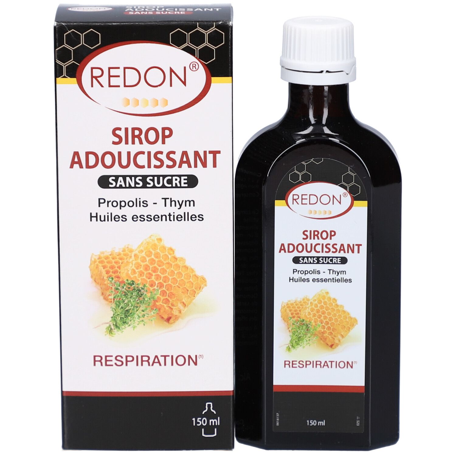 Flacon et emballage côte à côte. Emballage avec nom du produit, marque REDON et illustration de rayons de miel. Flacon avec bouchon blanc.