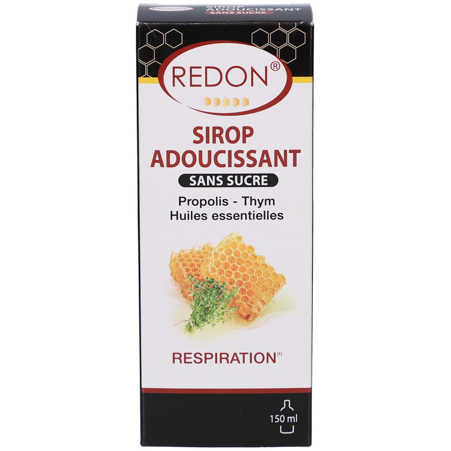 Emballage avec nom du produit, marque REDON et illustration de rayons de miel. Fond noir. Volume 150 ml.