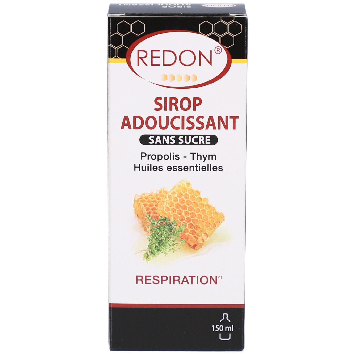 Emballage avec nom du produit, marque REDON et illustration de rayons de miel. Fond noir. Volume 150 ml.