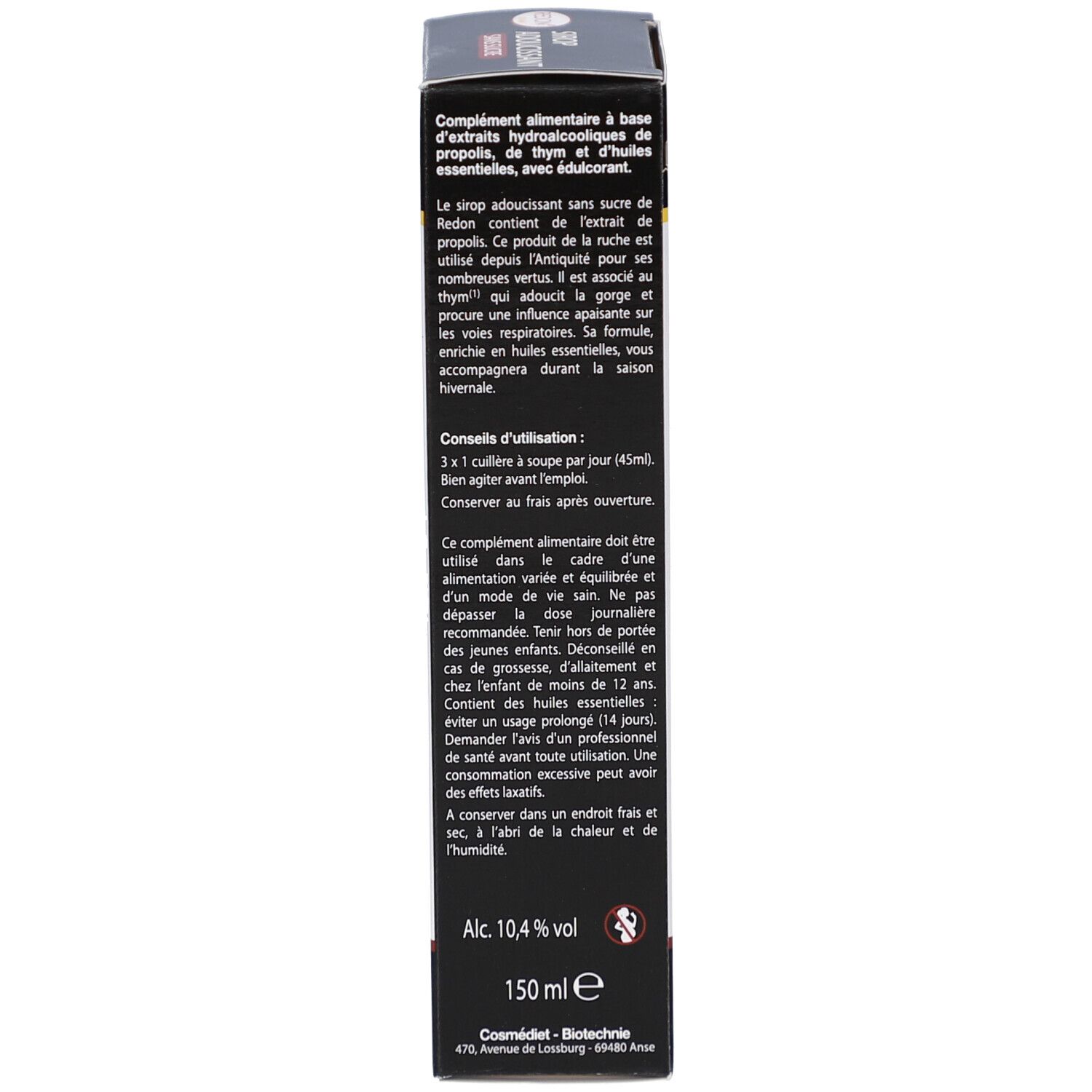 Emballage avec informations produit, mode d'emploi et coordonnées du fabricant. Fond noir. Texte en français.