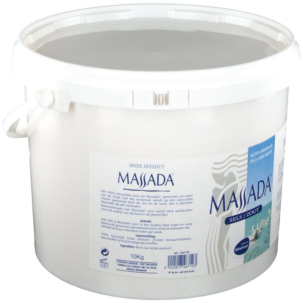 Seau blanc avec couvercle et anse. Étiquette avec texte: MASSADA, Sels/Zout, 10kg.
