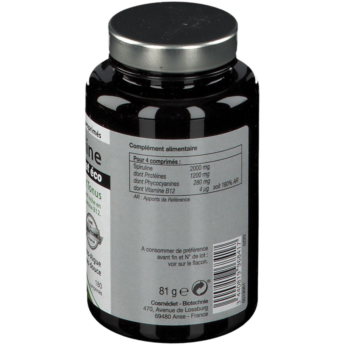 Dos du flacon Spiruline. Informations nutritionnelles pour 4 comprimés. Poids: 81g. Adresse du fabricant. Code-barres.