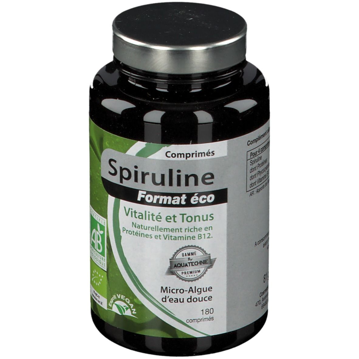 Flacon noir de comprimés Spiruline Format éco. Inscription: Vitalité et Tonus. Certifié AB. Couvercle argenté.