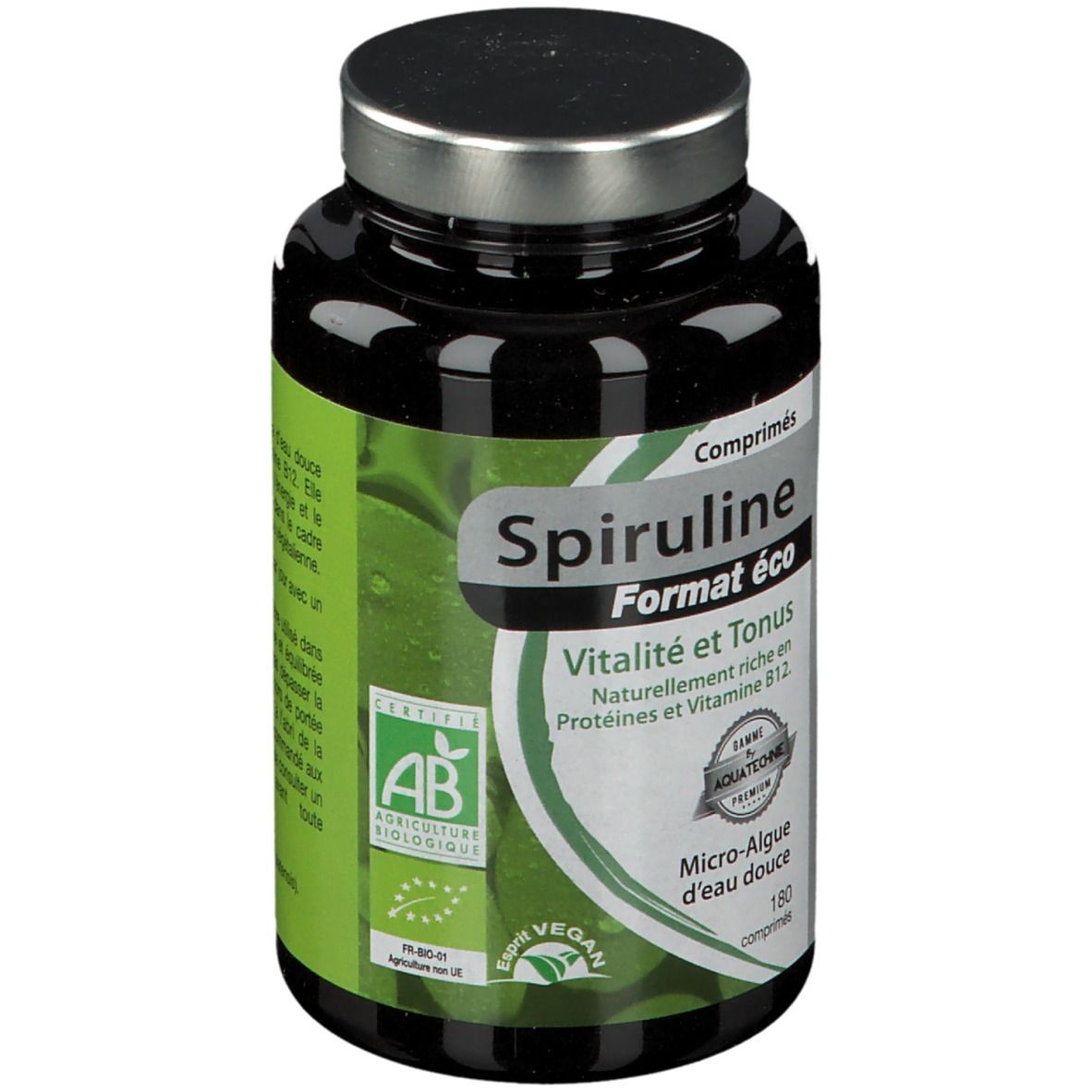 Flacon noir de comprimés Spiruline Format éco. Inscription: Vitalité et Tonus. Certifié AB. Couvercle argenté.