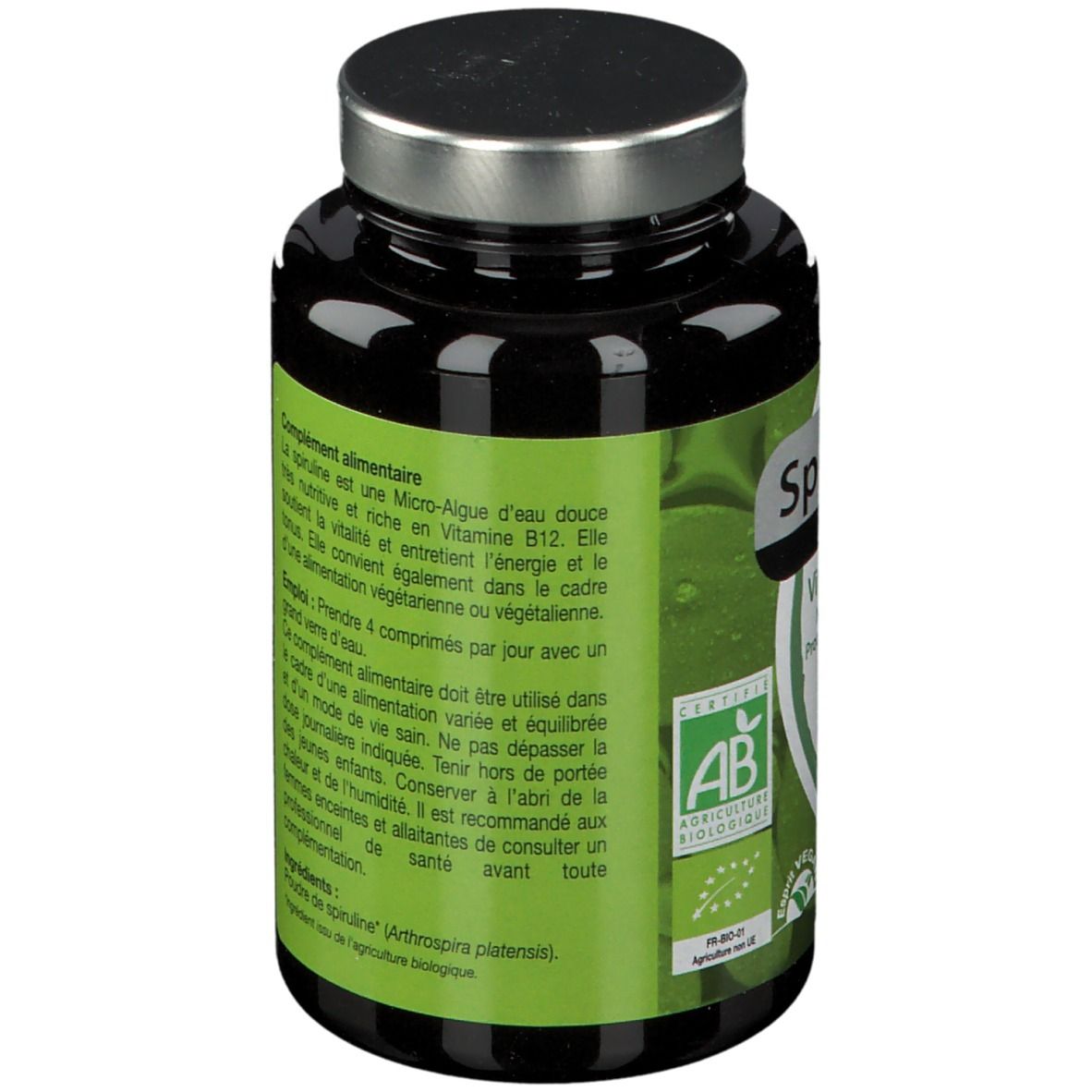 Dos du flacon Spiruline. Texte: Utilisation, ingrédients. Certification AB. Couvercle noir.
