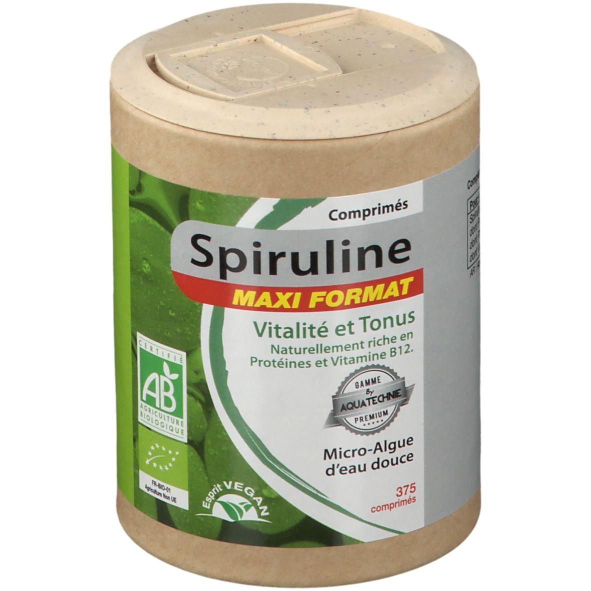 Boîte cylindrique de comprimés de spiruline. Inscription: Spiruline, Maxi Format, Vitalité et Tonus. Certification bio.