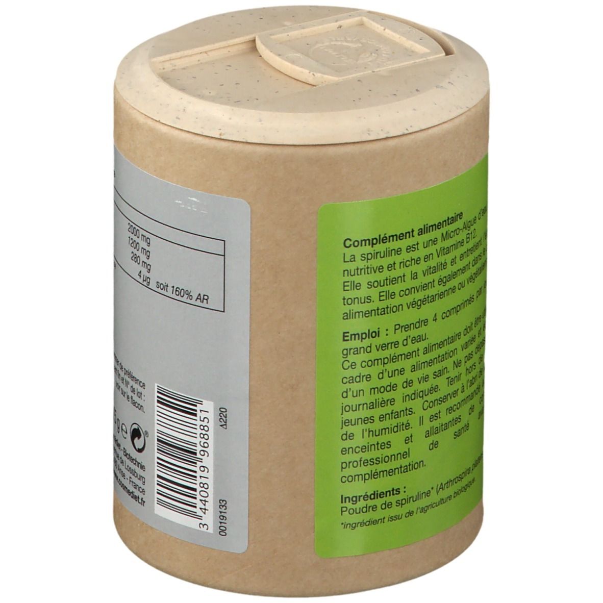 Vue latérale de la boîte de spiruline. Contient des informations sur les ingrédients et l'utilisation.