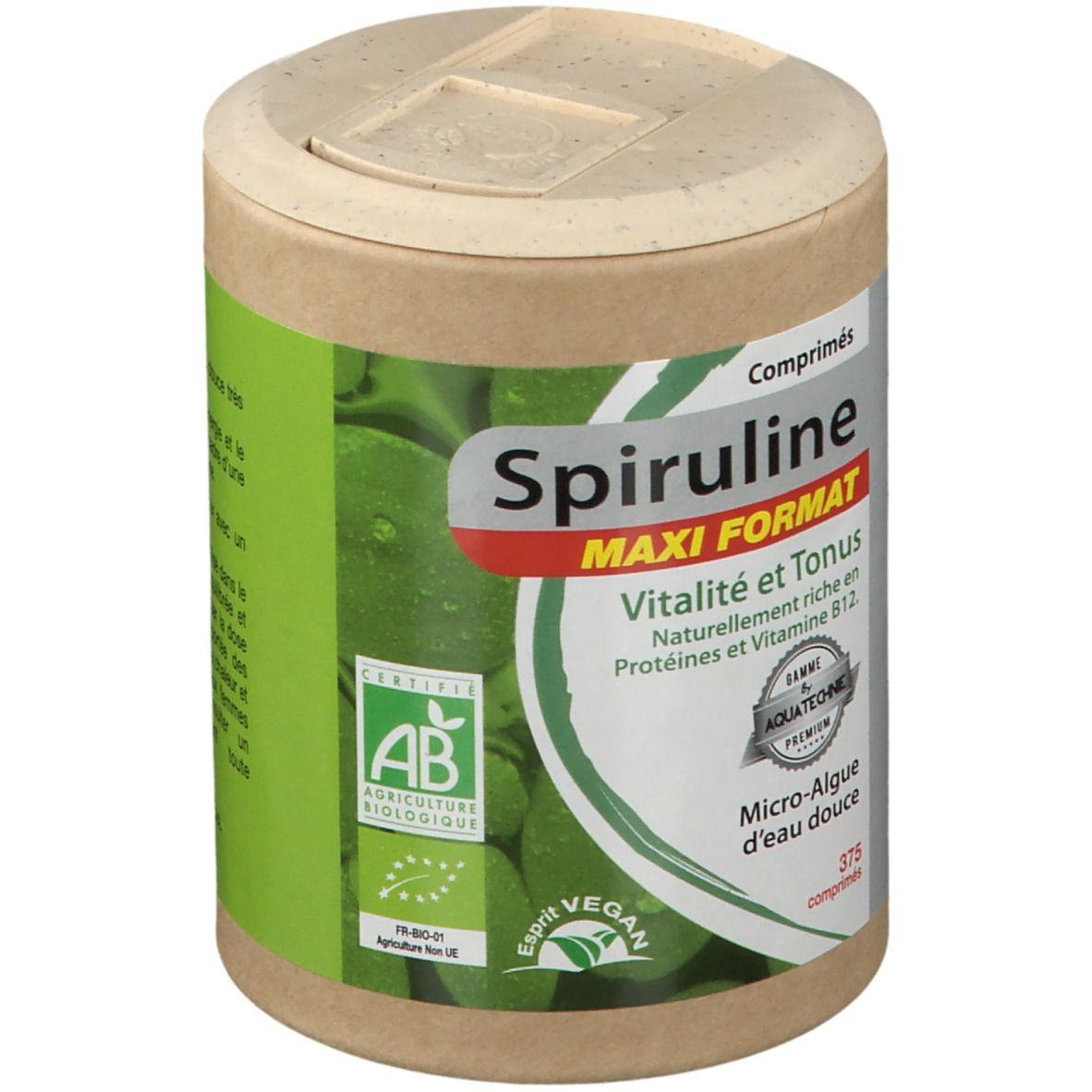 Vue de face de la boîte de spiruline. Inscription: Spiruline, Maxi Format, Vitalité et Tonus. Certification bio.