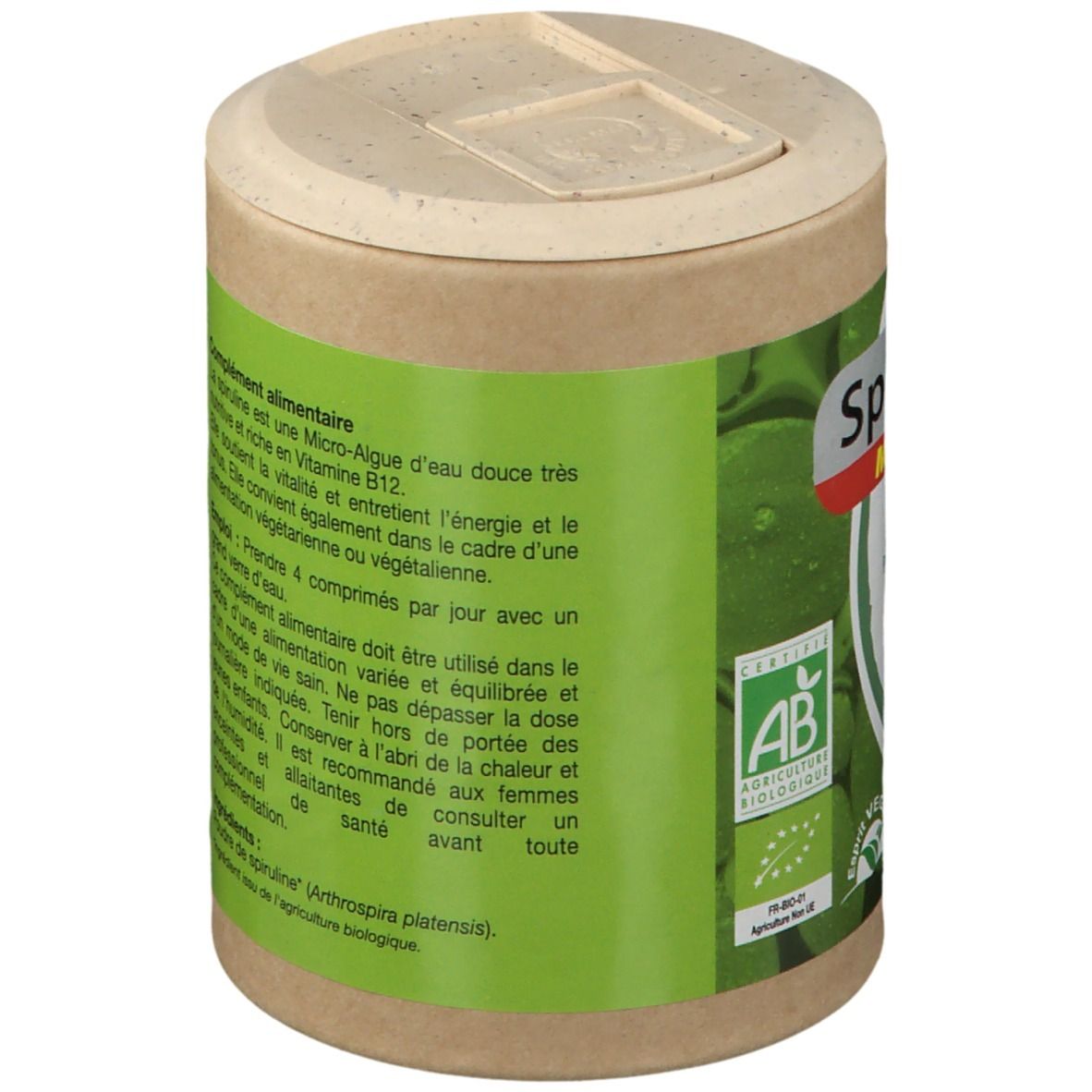 Vue latérale de la boîte de spiruline. Contient des informations sur les ingrédients et l'utilisation.