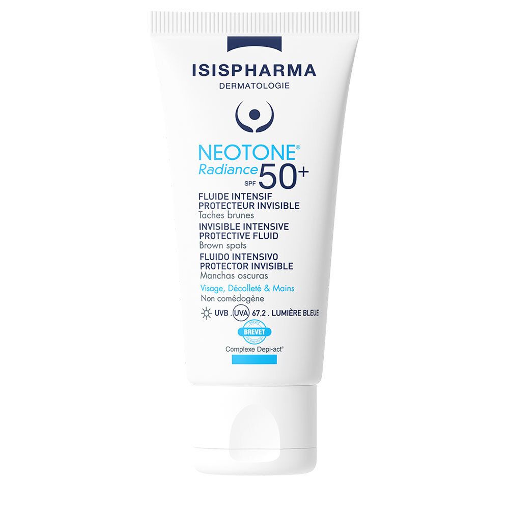 Tube blanc avec texte bleu. Contient ISISPHARMA Dermatologie NEOTONE Radiance SPF50+. Texte: Fluide Intensif Protecteur Invisible.
