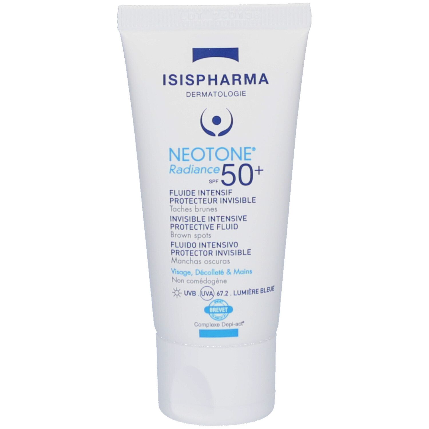 Tube blanc avec texte bleu. Contient ISISPHARMA Dermatologie NEOTONE Radiance SPF50+. Texte: Fluide Intensif Protecteur Invisible.