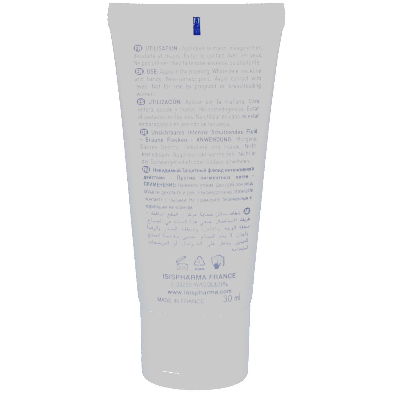 Dos du tube blanc. Texte multilingue. Contient des informations sur l'utilisation et les ingrédients. Marque: ISISPHARMA.
