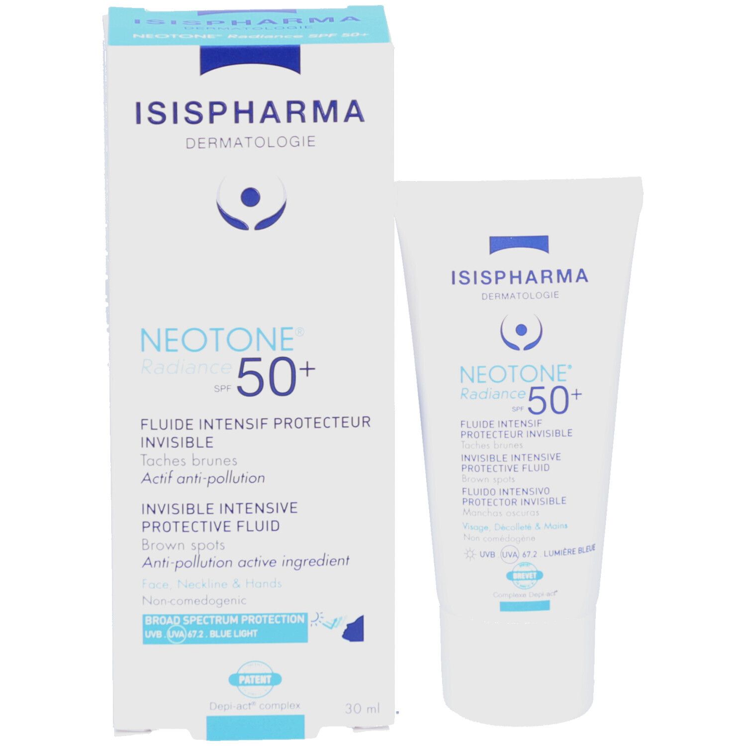 Emballage et tube. Contient ISISPHARMA Dermatologie NEOTONE Radiance SPF50+. Texte: Fluide Intensif Protecteur Invisible. 30 ml.