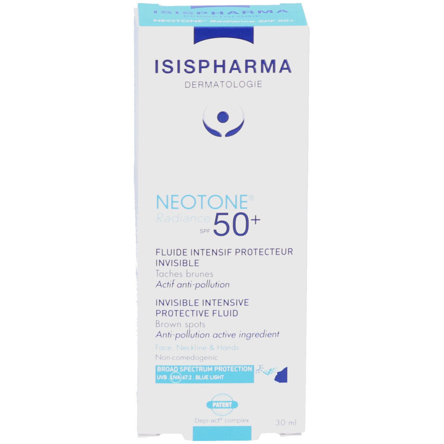 Emballage du produit. Contient ISISPHARMA Dermatologie NEOTONE Radiance SPF50+. Texte: Fluide Intensif Protecteur Invisible. 30 ml.