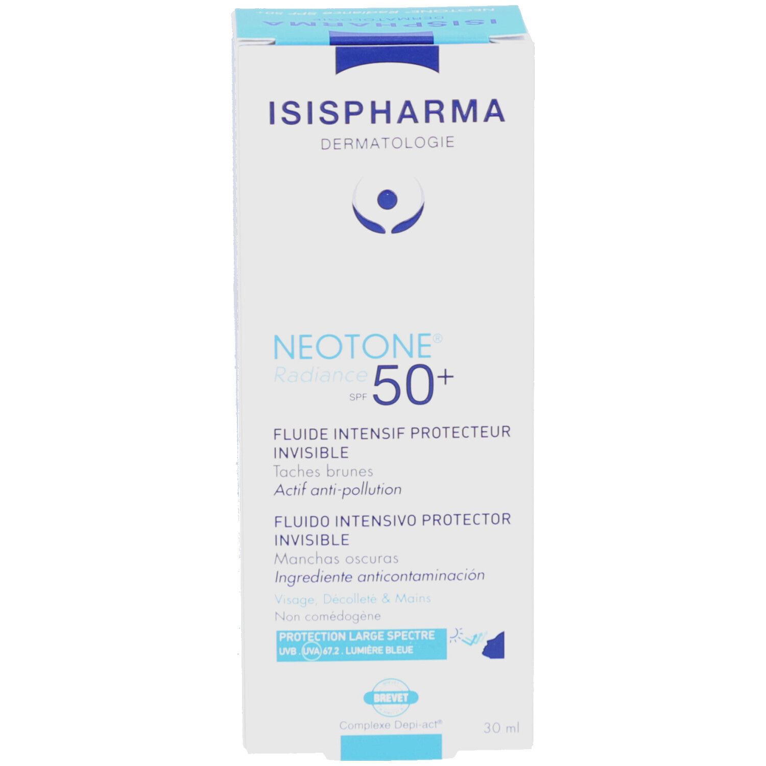 Emballage du produit. Contient ISISPHARMA Dermatologie NEOTONE Radiance SPF50+. Texte: Fluide Intensif Protecteur Invisible. 30 ml.